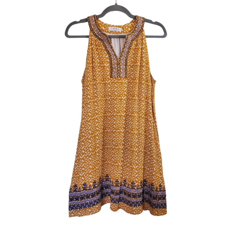 THML (Anthropologie) Embroidered Geometric Yellow Purple Shift Dress, Size Large